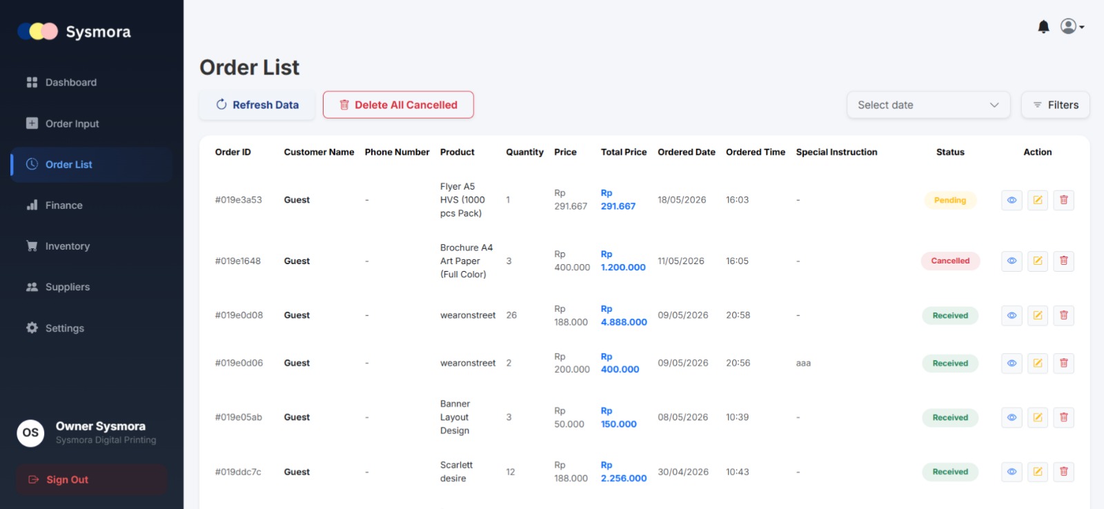 Order List Dashboard